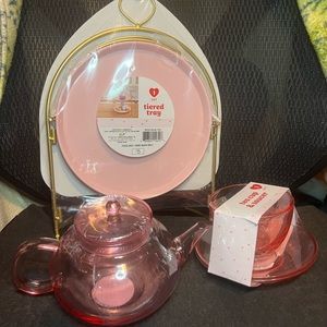 Target Bullseye Tea Pot, Cup, tiered tray set in pink